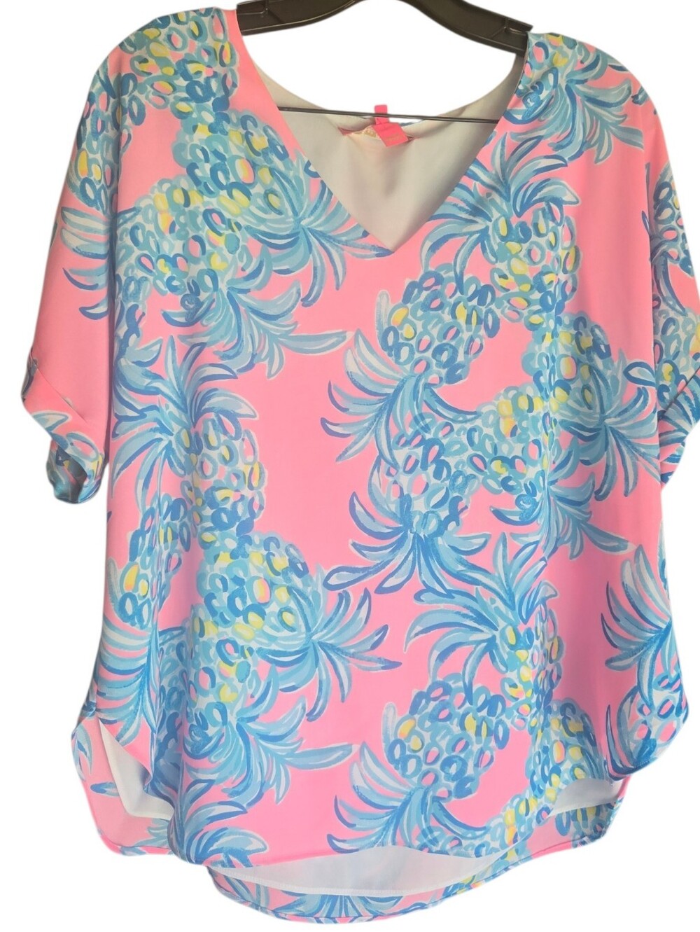 Lilly Pulitzer, V-Neck Pink Tropical Print Blouse